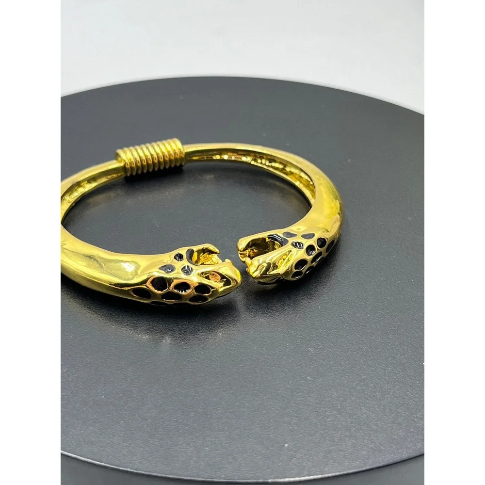 Kenneth Lane Vintage KJL Double Panther‎ Jaguar Bracelet Gold Black  Rhinestones